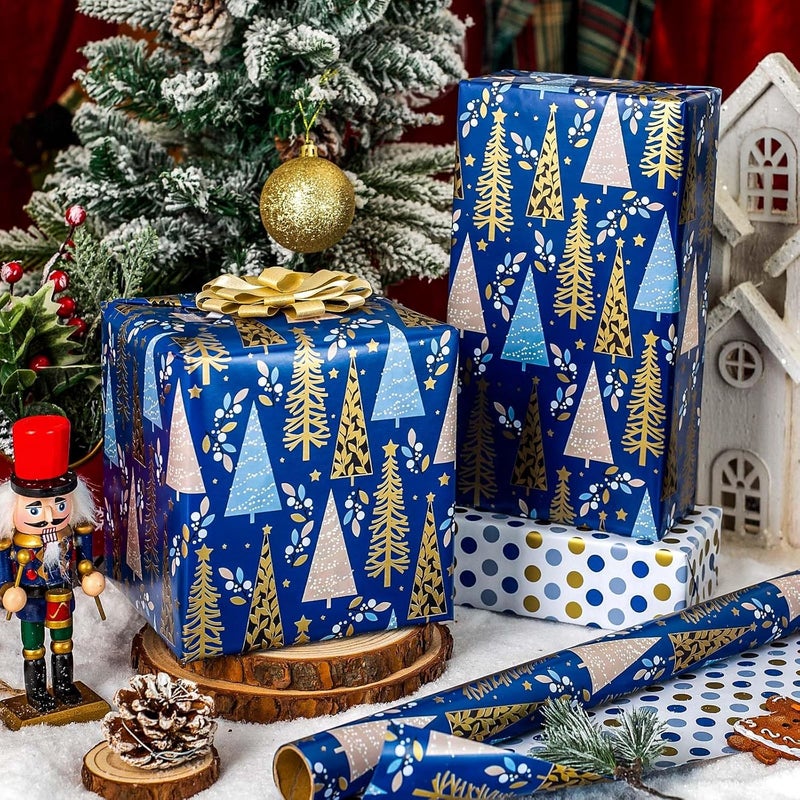 Yarcony Reversible Christmas Wrapping Paper, Blue Wrapping Paper for Men, Modern Navy Blue Christmas Tree, Polka Dot Theme Holiday Gift Wrap for Party, Celebrations (Mini Roll, 17 Inch X 33 Feet) - Image 2